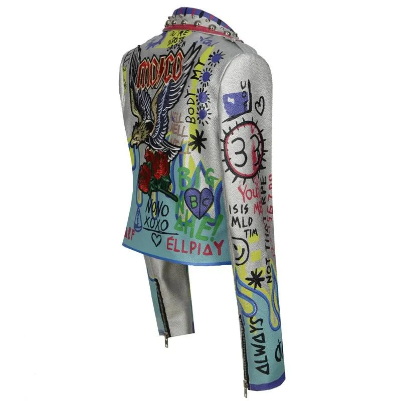 Graffiti Faux Leather Jacket Cropped Moto-Russian Vibes