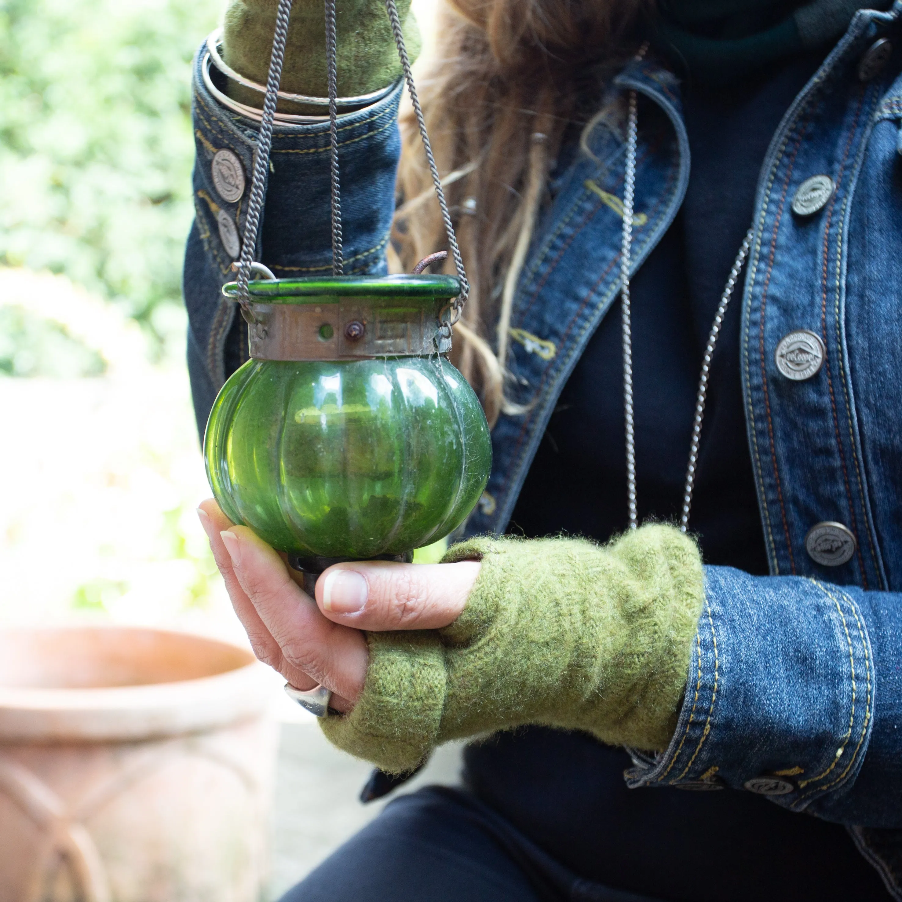 Green Cable Cashmere Fingerless Gloves