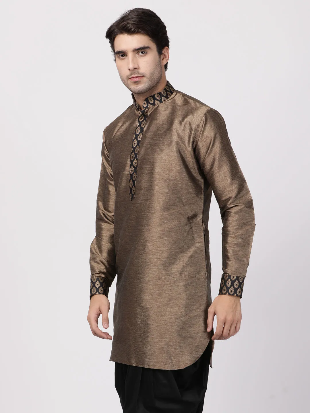 Jashvi Men's Bronze And Black Silk Blend Kurta