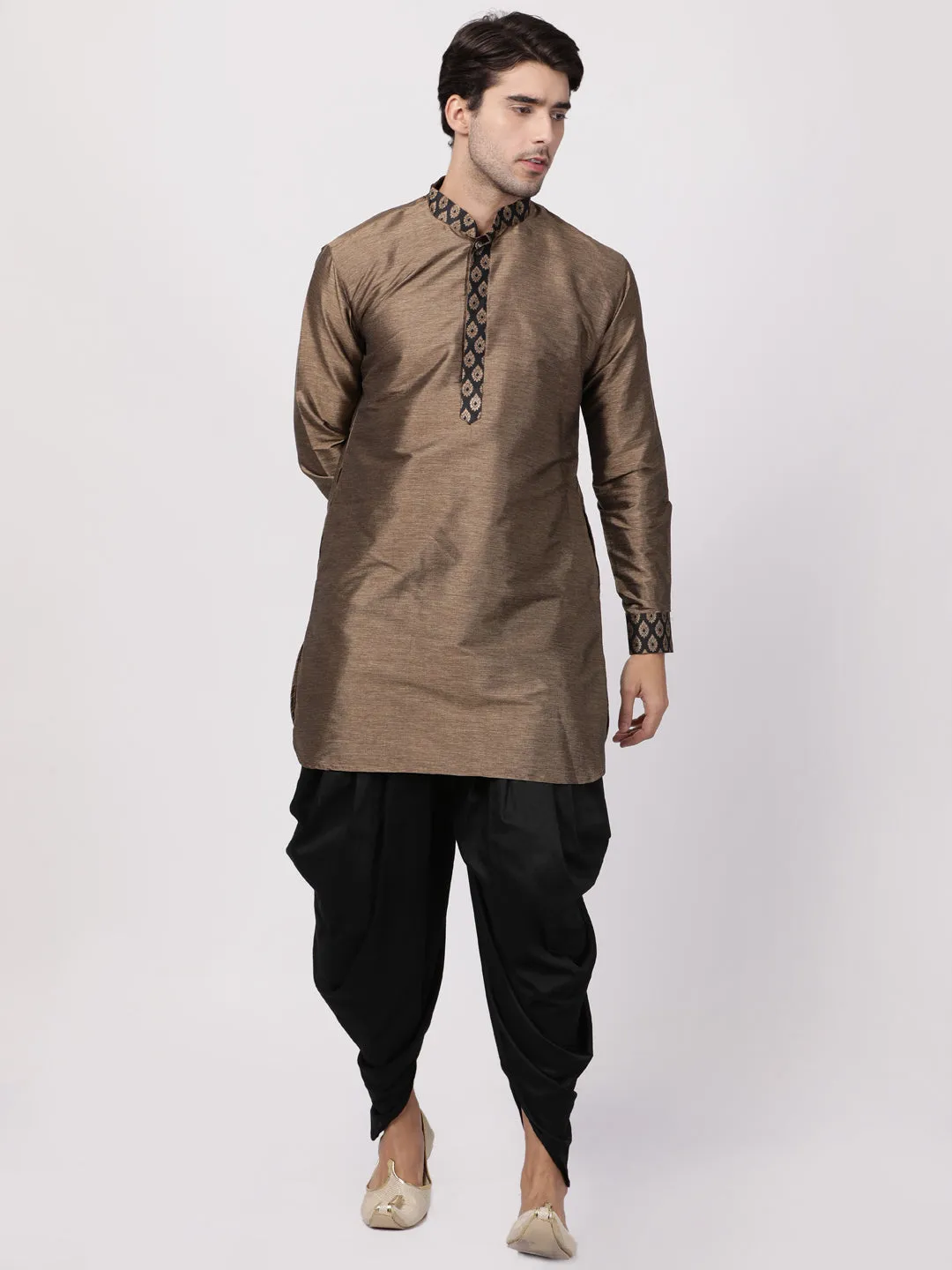 Jashvi Men's Bronze And Black Silk Blend Kurta