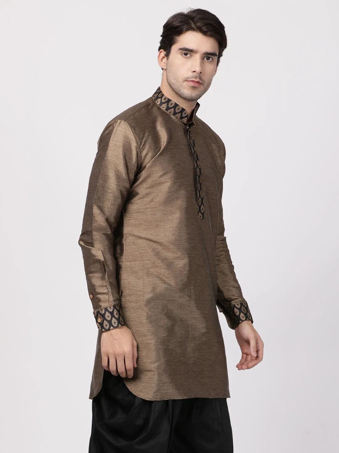 Jashvi Men's Bronze And Black Silk Blend Kurta