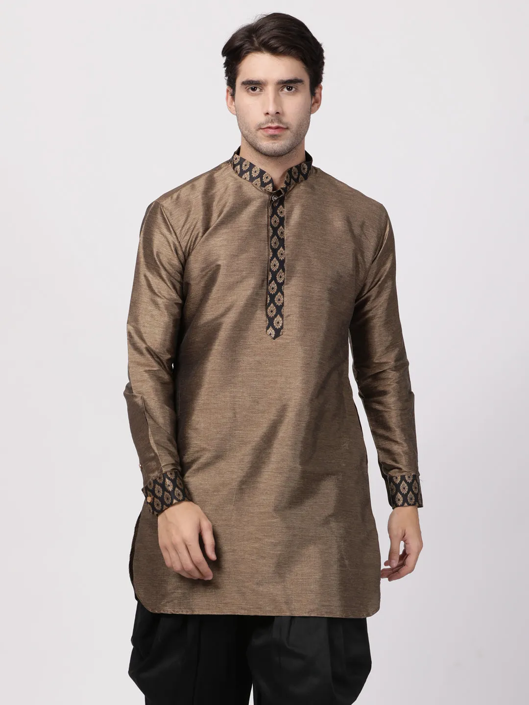 Jashvi Men's Bronze And Black Silk Blend Kurta
