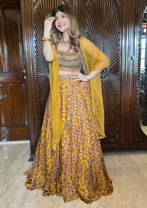 KHUSHNAZ IN MUSTARD PRINTED LEHENGA SET