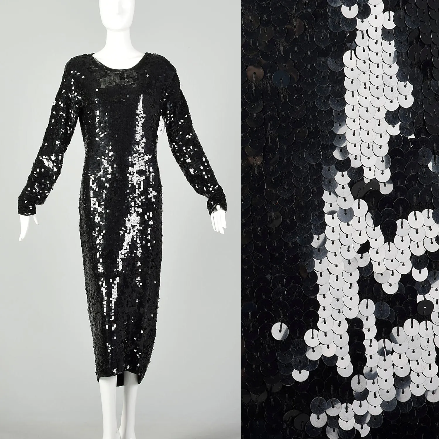 Large Black Sequin Sweater Dress Formal Evening Cocktail Modest Long Sleeve