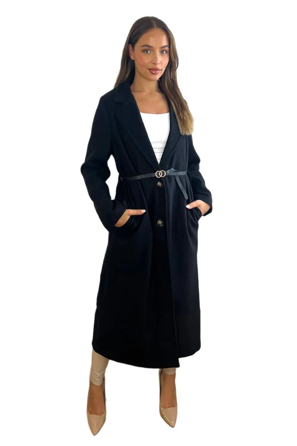 Loose Fit Circle Belt Soft Long Button Down A-Line Lapel Coat