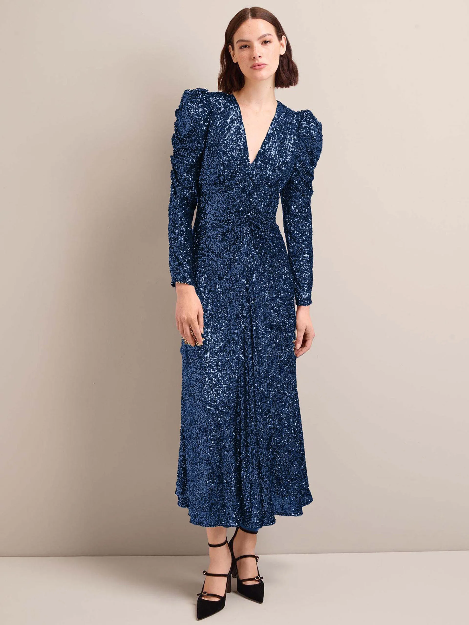 Navy Ophelia bias cut sequin maxi dress