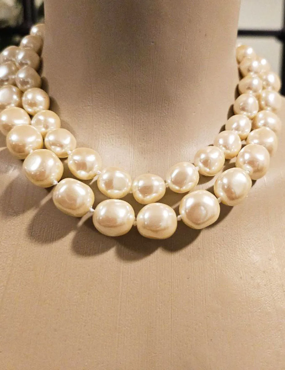 VINTAGE 1980s CAROLEE SIGNED LUSTROUS 2 STRANDS LAYERED IMITATION PEARL NECKLACE & SPARKLING RHINESTONE FAUX PEARL EARRINGS  CAROL LEE