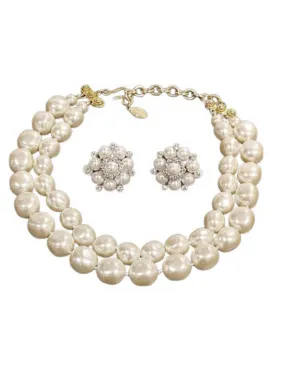 VINTAGE 1980s CAROLEE SIGNED LUSTROUS 2 STRANDS LAYERED IMITATION PEARL NECKLACE & SPARKLING RHINESTONE FAUX PEARL EARRINGS  CAROL LEE