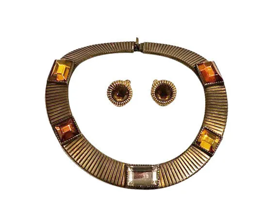VINTAGE DARK GOLD-TONE METAL CLEOPATRA LOOK JEWELED NECKLACE WITH MATCHING EARRINGS SET